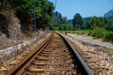 Fototapeta premium The train tracks are empty and the train is not in sight. The tracks are surrounded by a lush green field