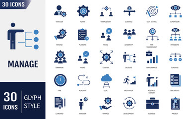 Manage flat icon set. Containing icons: management, project, supervision, leadership, admin, teamwork, planning, manager and more. Vector illustration