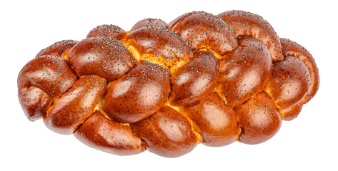 Golden braided challah bread with poppy seeds isolated, traditional homemade bakery concept.