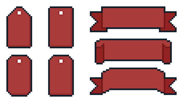 8-bit pixel art red sale tag and ribbon set