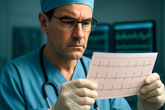 Focused doctor in scrubs and gloves analyzing an ECG printout, representing attention to cardiac health, precision, and expertise in patient monitoring.
