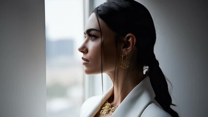 Woman looking out window profile portrait cityscape - Powered by Adobe