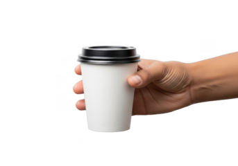 Hand holding disposable coffee cup mockup, paper cup with lid, takeaway drink, hot beverage, cafe, restaurant isolated on transparent background
