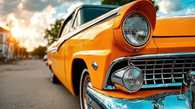 A vintage, bright orange classic car with chrome detailing, parked on a street at sunset