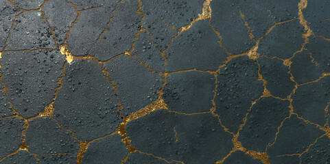 Dark Cracked Surface with Gold Veins and Water Droplets Texture image photo