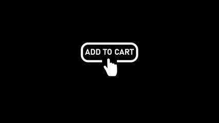 Hand cursor clicking on an add to cart button icon on a black background finger pointer.