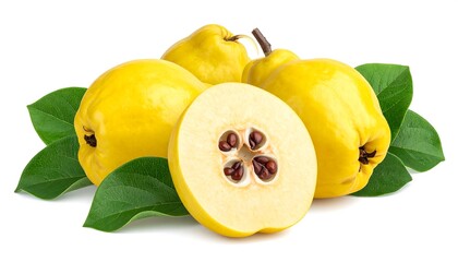 Ripe Quince Fruit - A Close-Up of Fresh, Yellow Quince with Leaves.