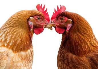 Naklejka premium Close-up of two brown chickens head to head, poultry farming, livestock, birds, animal husbandry, farm animals, chicken breeds, isolated on transparent background