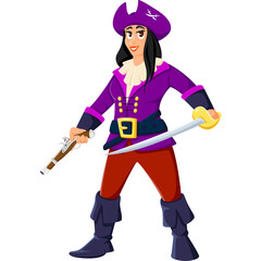 Pixel Art Pirate Woman In Purple Jacket Red Pants And Black Boots Holding Musket And Sword With Wide Smile And Black Hair On Transparent Background