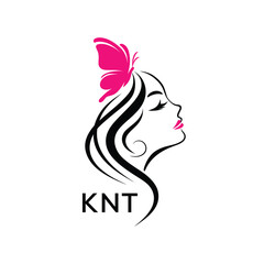 KNT Elegant Beauty Woman Logo with Butterfly.  KNT Feminine Salon & Spa Branding KNT Luxury Beauty Icon Design. 
