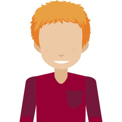 Pixel Art Portrait of a Young Person with Short Orange Hair Freckles and a Burgundy V-Neck Shirt with Pocket Against a White Background