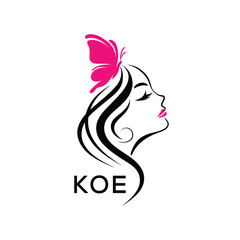 KOE Elegant Beauty Woman Logo. KOE with Butterfly Feminine Salon & Spa Branding. KOE Luxury Beauty Icon Design.

