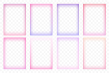 Gradient blurred frames with transparent edge. Abstract pastel light pink and purple vector border for photo. Cute girly soft color templates set. Minimal rectangle decorative poster
