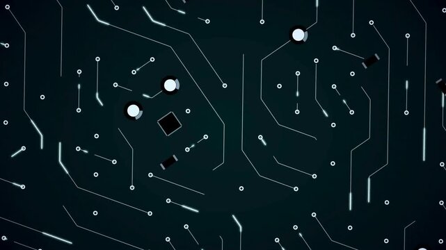 dark circuit board illuminated with lights, highlighting the intricate pathways