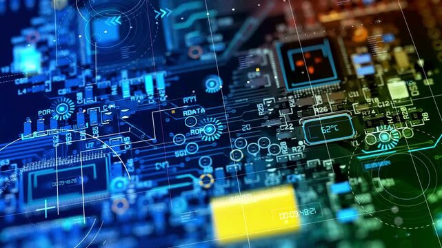Glowing blue circuit board with microchip close-up animation.