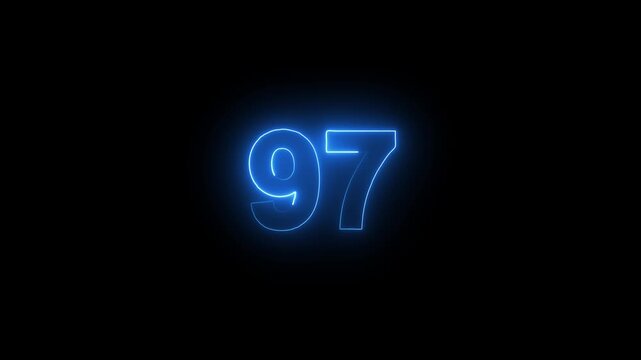 Abstract glowing neon sign text 97 number countdown icon on black background . Neon number 97 with simple blue neon color. Seamless loop style animation.
