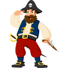 Pixel Art Pirate Character with Tricorne Hat and Flintlock Pistol Holding Sword and Saluting in Cartoon Style