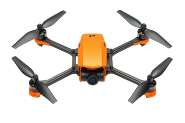 High-angle view of orange drone with camera, propellers, and advanced technology for aerial photography and videography isolated on transparent background