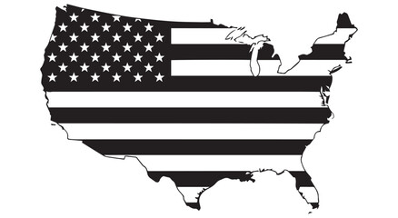 United states of america map silhouette overlaid with bold black and white american flag stripes and stars graphic