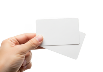 Hand holding two blank white cards mockup for business or credit card presentation and design isolated on transparent background
