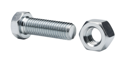 Shiny metal bolt and nut isolated on transparent background, hardware components