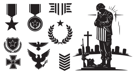 Collection of military decorations and symbols including medals badges laurel wreath and soldier statue honoring veterans