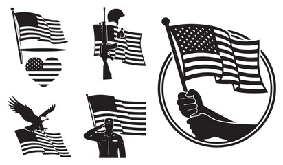 Collection of patriotic american flag illustrations featuring military figures and an eagle in silhouette