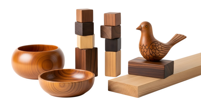 Wooden decorative objects isolated on transparent background, including bowls, blocks, and bird