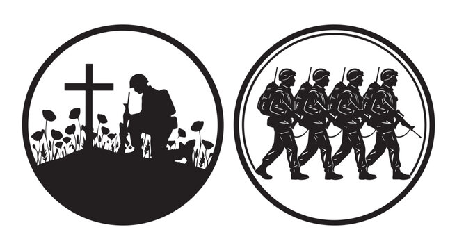 Solemn silhouette of a soldier kneeling before a cross and poppies symbolizing remembrance and sacrifice