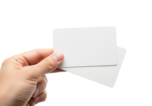 Hand holding two blank white cards mockup for business or credit card presentation and design isolated on transparent background