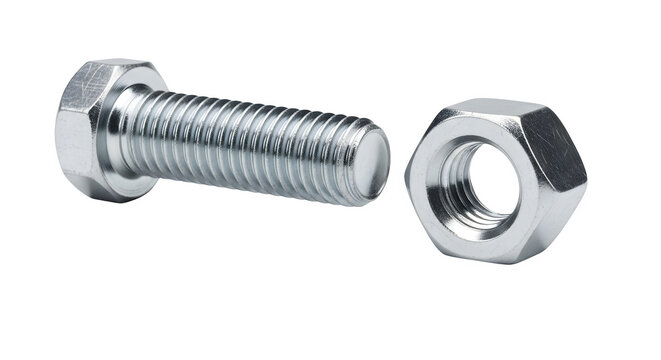 Shiny metal bolt and nut isolated on transparent background, hardware components