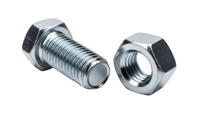 Closeup of a shiny metal bolt and nut isolated on transparent background