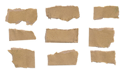 torn brown paper strips with rough edges isolated on white background
