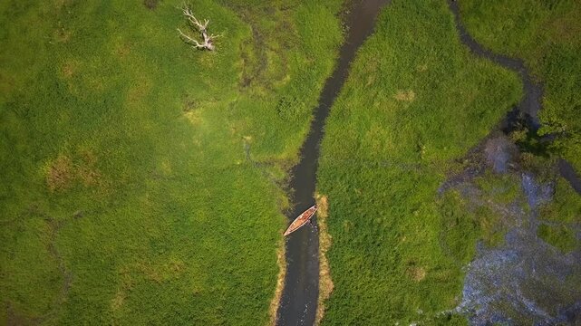 Top down drone ascend over fisherman and canoe in a narrow Nile River tributary in Uganda, creating a geometric patchwork of green wetlands, water channels, and floating vegetation seen from above.