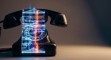 Vintage telephone with digital graphic overlay on neutral background  
