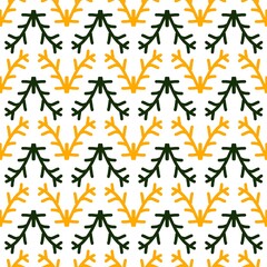 Christmas tree seamless pattern. Seamless yellow and green abstract branch pattern on white background. Minimal hand-drawn design green and yellow seamless pattern background with doodle style.