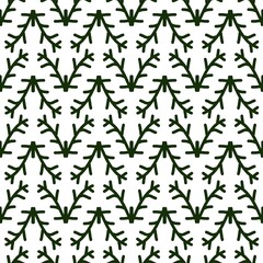 Christmas tree seamless pattern. Seamless green and white pattern with abstract branch shapes. Minimal hand-drawn green and white branch leaf seamless pattern background. 