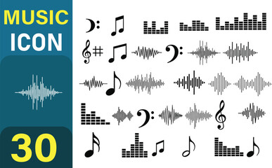 Collection of music icons and sound wave graphics for audio and melody design