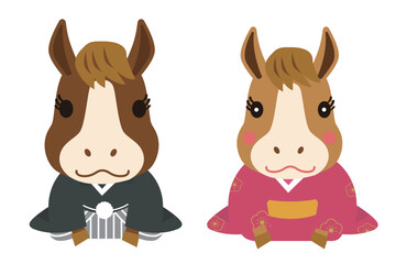 年賀状素材　和服を着た二頭身のかわいい夫婦の馬キャラクター イラストセット　ゆるキャラ　