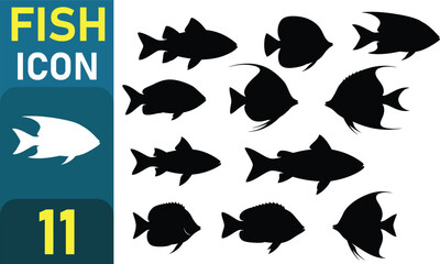 Collection of diverse black silhouette aquarium fish icons on a white background with a stylized fish icon label