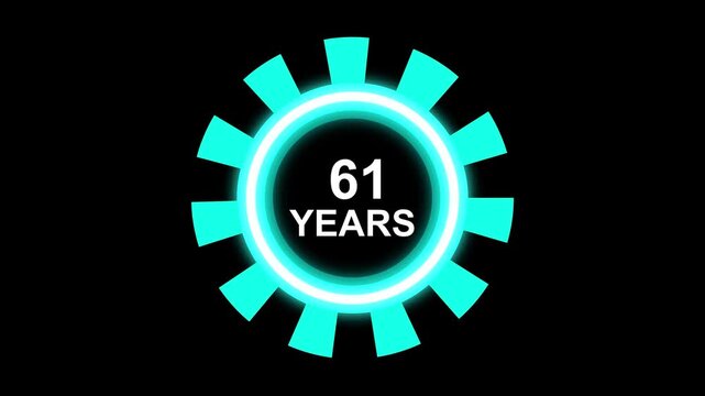 61 Years, 3D Rendering. Glow Alphabet Number in sphere ,61 Years Text Animation Effects Anniversary Digital neon Circle black Background.4k animation motion graphic video..