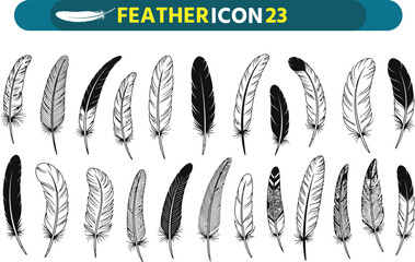 Collection of hand drawn feather icons with intricate details and varied styles