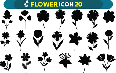 Collection of diverse black flower icons and silhouettes for design and decoration
