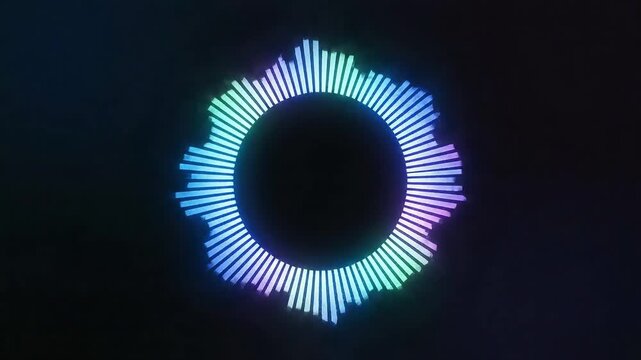 Vibrant circular sound wave equalizer glows on dark background, representing audio or music