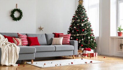 Luxurious living room interior with a festive Christmas tree, gifts, and comfortable sofa and armchair décor