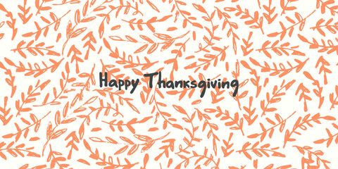 Happy Thanksgiving card design. Hand-lettered greeting phrase, decoration with autumn leaves, berries, strobiles, oak acorns on light-blue background