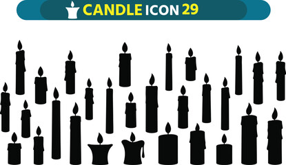 Collection of various black candle silhouettes with flickering flames on a white background