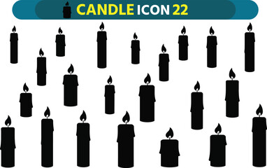 Collection of silhouette candle icons with flames burning brightly on a white background