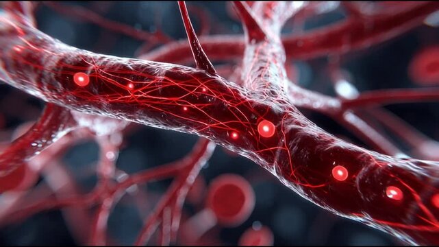 Vascular damage artery medicine. Inflammation disease. Cholesterol. Plaque medicine. Ischemia. Close-up of red vascular structures illustrating blood flow.
