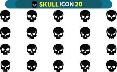 Collection of twenty stylized black skull icons on a white background with a decorative header